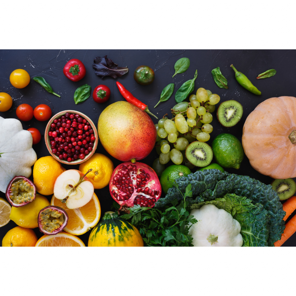 Variety of different fruits and vegetables. Dizziess and diet can affect your hormones.